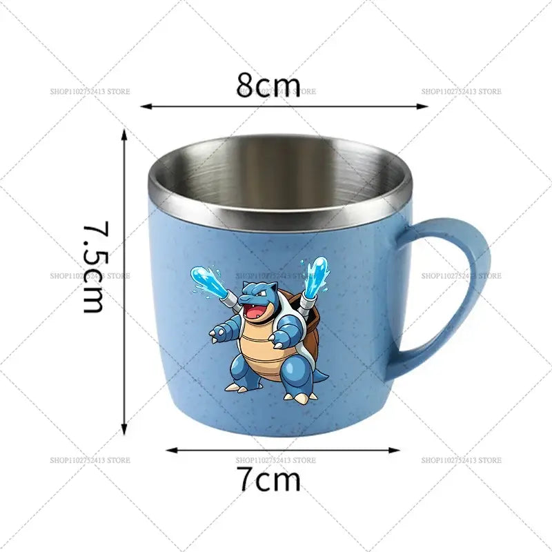 Blue speckled stainless steel mug featuring cartoon blastoise design in pokémon pikachu eevee stainless steel mug set