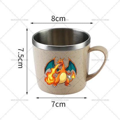 Beige stainless steel mug featuring charizard with orange and blue wings and flames for anti-scalding use