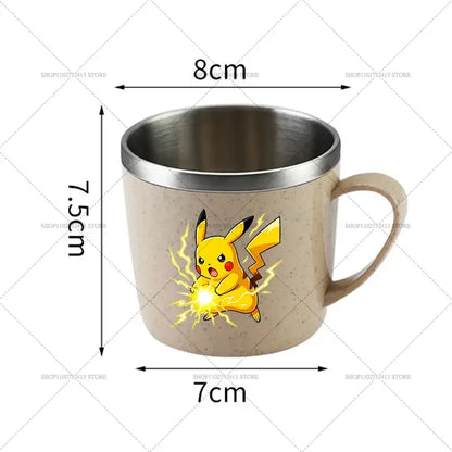 Beige speckled stainless steel mug featuring vibrant yellow pikachu in mid-punch with metallic rim and handle