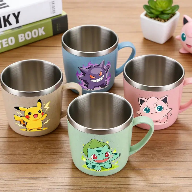 Set of four colorful stainless steel Pokémon mugs featuring pikachu bulbasaur jigglypuff and gengar with anti-scalding design