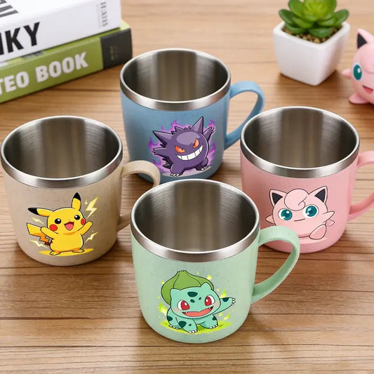 Set of four colorful stainless steel Pokémon mugs featuring pikachu bulbasaur jigglypuff and gengar with anti-scalding design