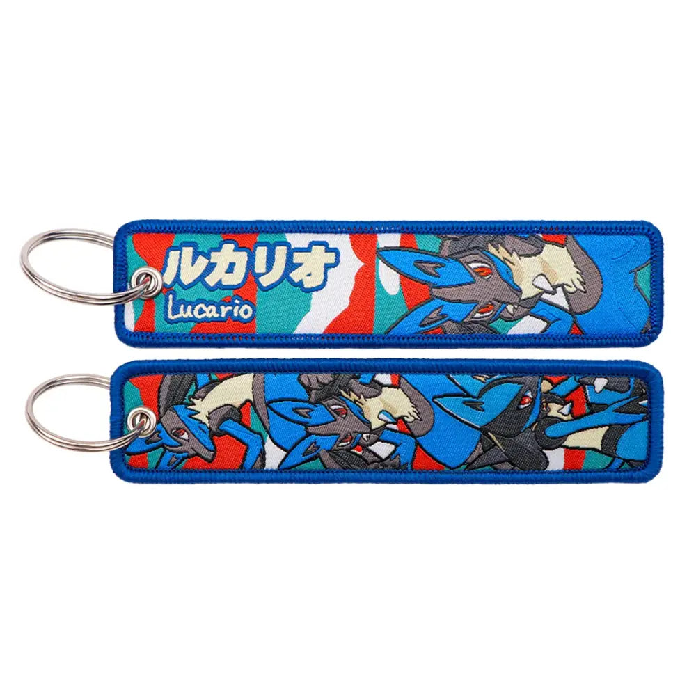 Blue embroidered pokémon lucario keychain with red and white stripes for pokemon pikachu jet tag accessory
