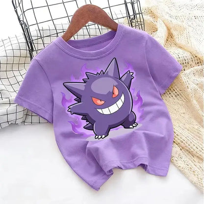Purple cotton short sleeve Pokémon Pikachu kids t-shirt with cartoon gengar graphic for young fans