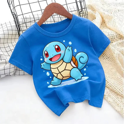 Bright blue cotton Pokémon Pikachu kids short sleeve t-shirt with cheerful squirtle design for young fans