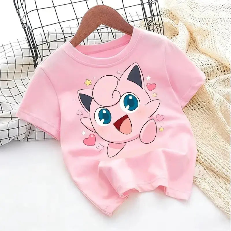 Pink cotton short sleeve Pokémon Pikachu kids t-shirt with jigglypuff cartoon and hearts for young fans
