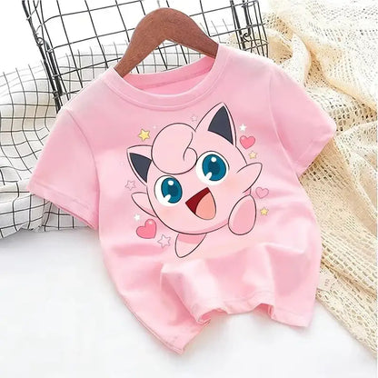 Pink cotton short sleeve Pokémon Pikachu kids t-shirt with jigglypuff cartoon and hearts for young fans