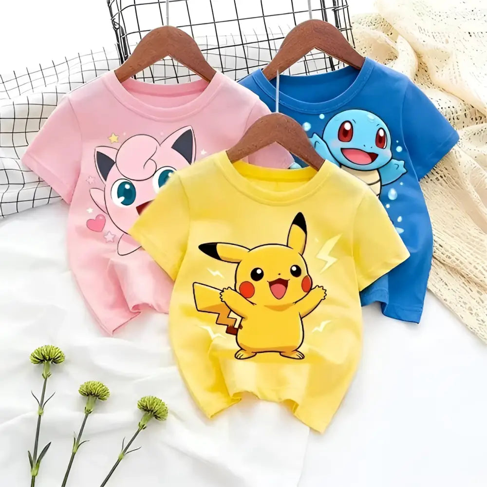Yellow pikachu-themed cotton short sleeve kids t-shirt with vibrant graphic print for young fans of Pokémon