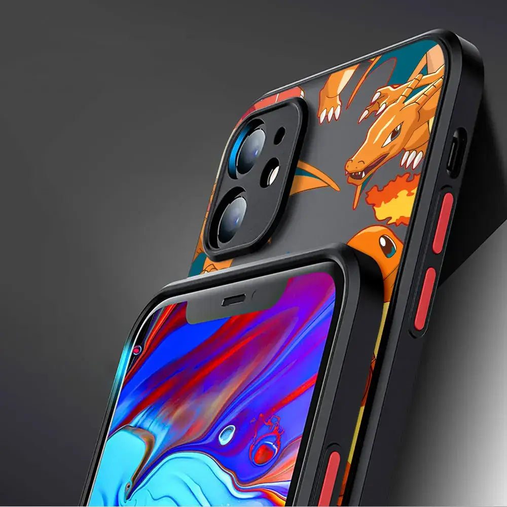 Black hard cover phone case featuring vibrant orange and yellow charizard design for pokemon pikachu phone use back side