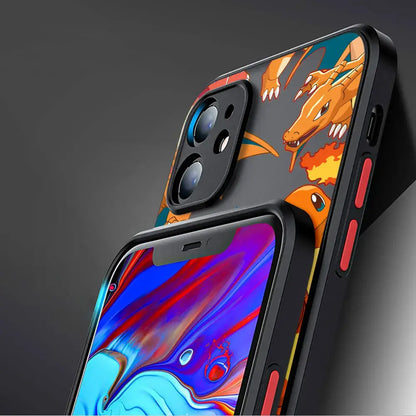 Black hard cover phone case featuring vibrant orange and yellow charizard design for pokemon pikachu phone use back side