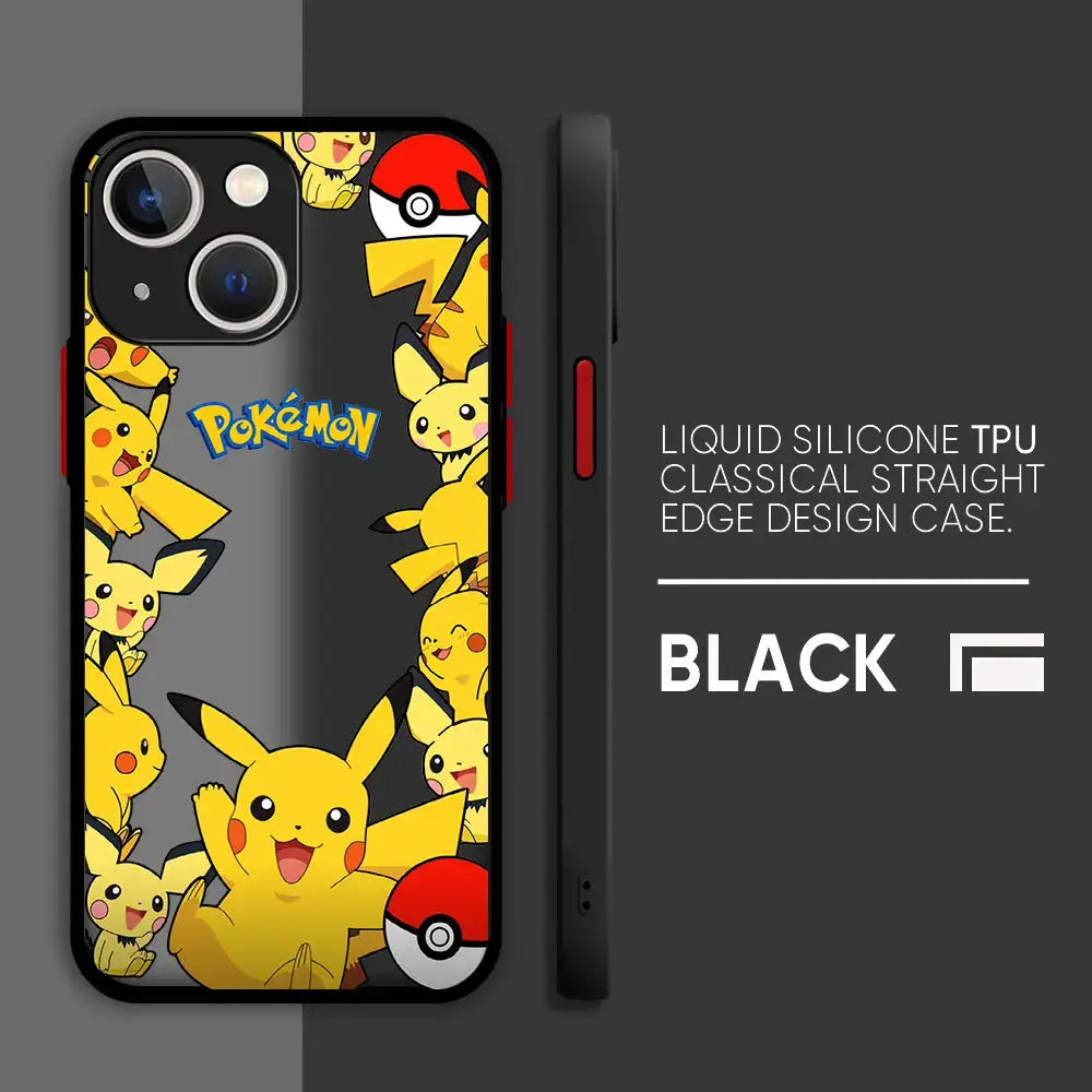 Black liquid silicone tpu pokemon pikachu phone case hard cover with vibrant yellow pikachu and pokémon logo on back side