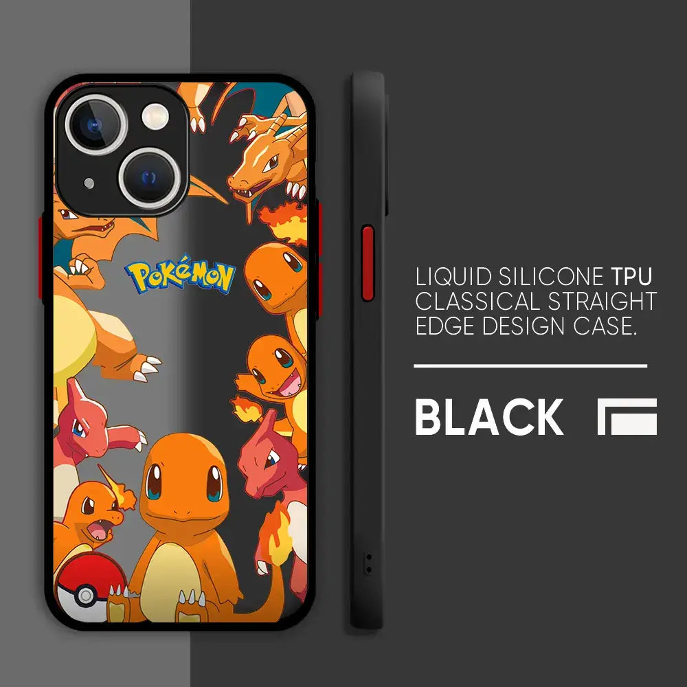 Black liquid silicone tpu pokemon pikachu phone case hard cover featuring vibrant charmander charmeleon and charizard design
