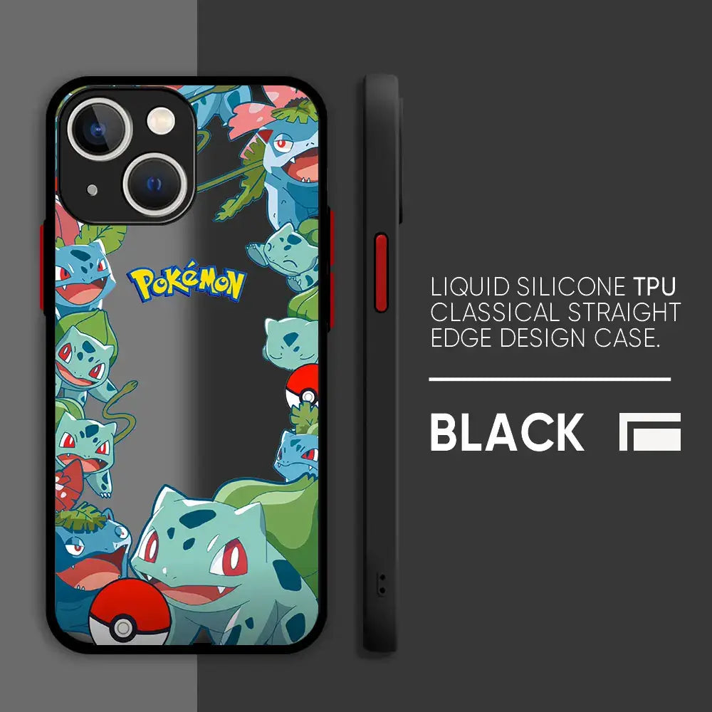 Black liquid silicone tpu pokemon pikachu phone case hard cover with vibrant blue and green bulbasaur on dark back side
