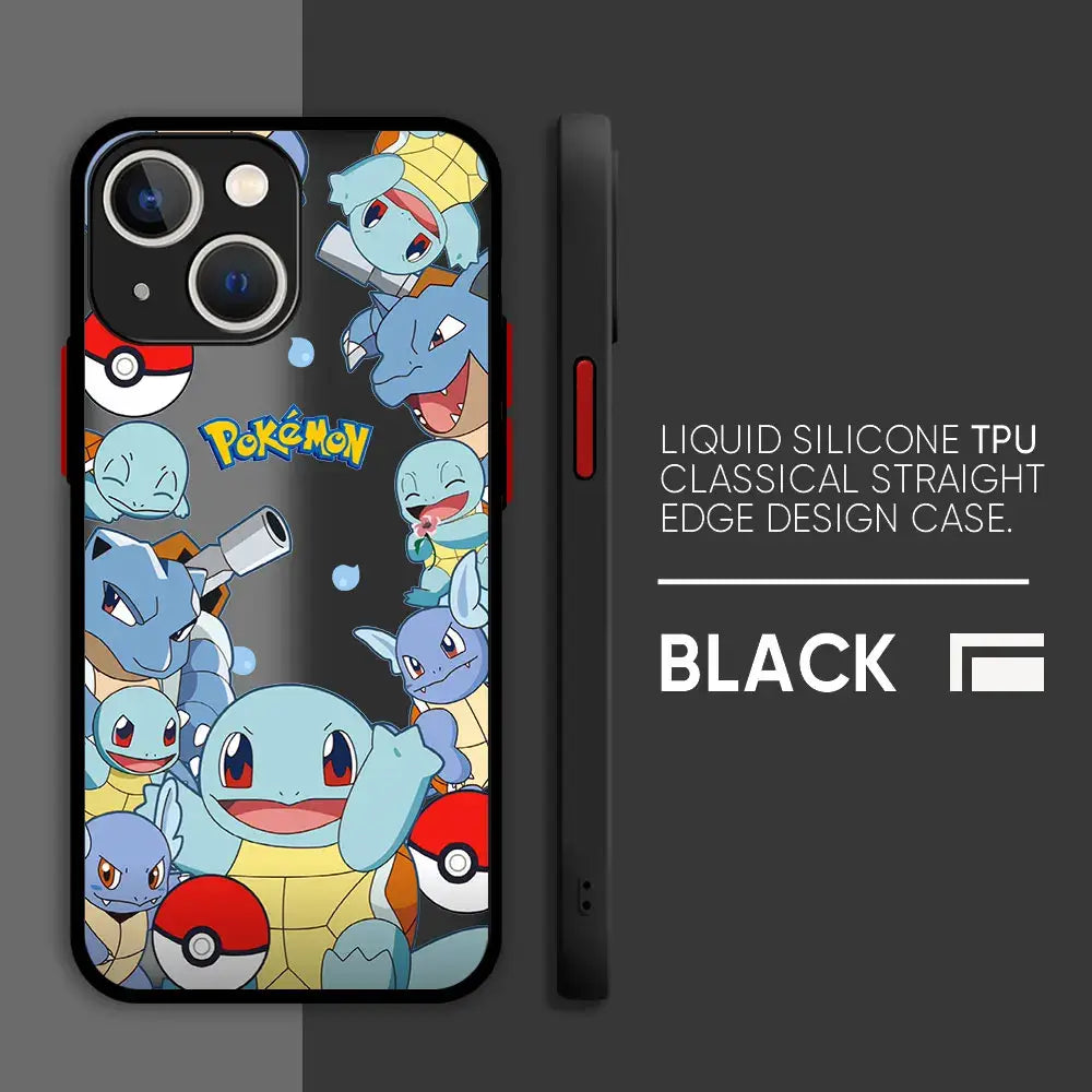 Black liquid silicone tpu hard cover pokemon pikachu phone case featuring vibrant pokémon characters and pokéballs on back side