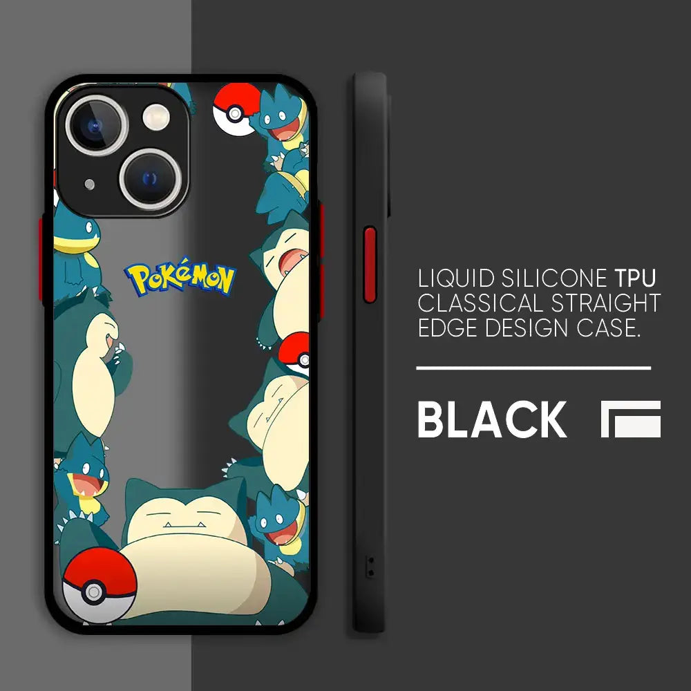 Black liquid silicone tpu hard cover phone case with vibrant pokemon pikachu design featuring snorlax and charmander