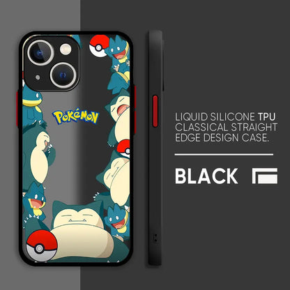 Black liquid silicone tpu hard cover phone case with vibrant pokemon pikachu design featuring snorlax and charmander