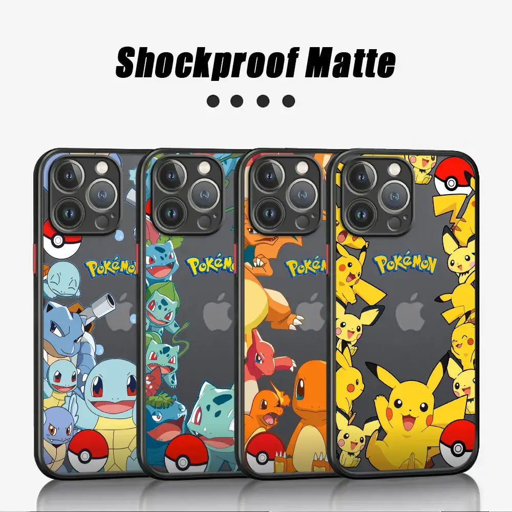 Four matte finish shockproof pokemon pikachu phone hard cover cases with vibrant characters on a dark background
