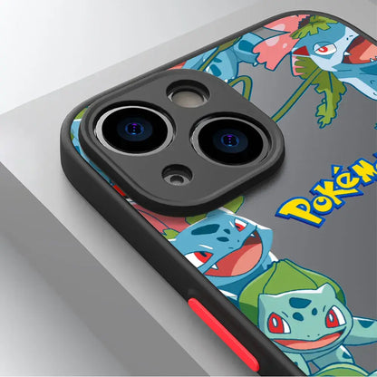 Gray pokemon pikachu hard cover phone case with vibrant blue and green characters and yellow pokemon lettering on back side