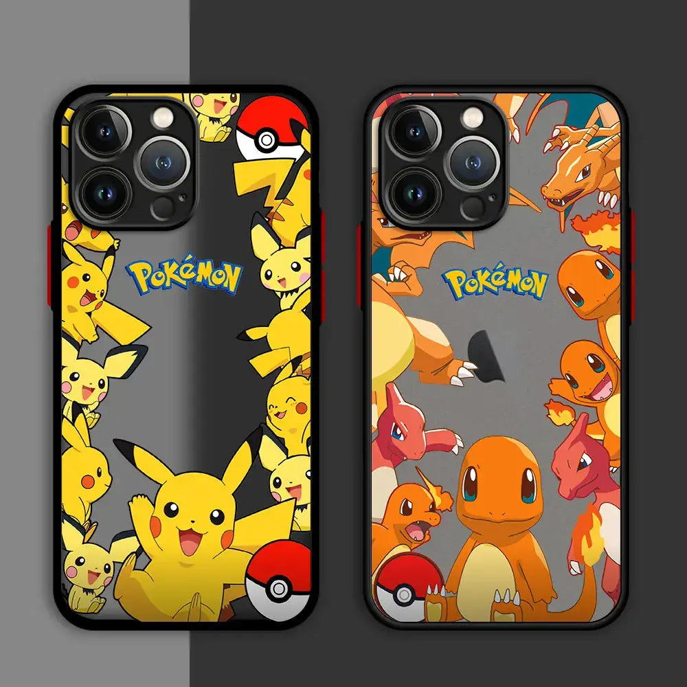 Two pokemon pikachu hard cover phone cases with glossy finish featuring yellow pikachu and orange charmander designs