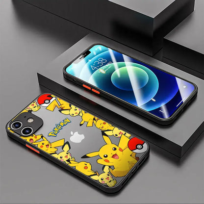 Yellow pokemon pikachu phone case with hard cover, clear back, and black frame for durable protection