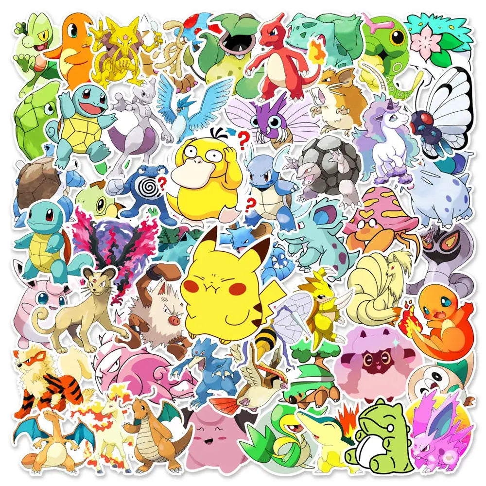 A vibrant collection of colorful pokemon pikachu waterproof stickers featuring cartoon-style characters for laptops and phones