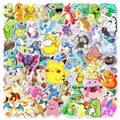 A vibrant collection of colorful pokemon pikachu waterproof stickers featuring cartoon-style characters for laptops and phones