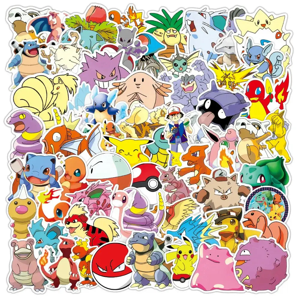A vibrant pokemon pikachu waterproof sticker pack featuring colorful cartoon stickers for laptops and phones