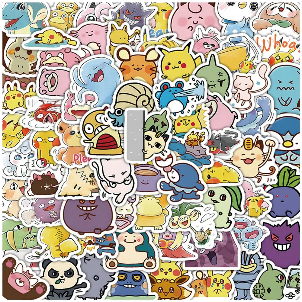 A vibrant collection of colorful Pokémon Pikachu waterproof stickers featuring cartoonish characters for laptops and phones
