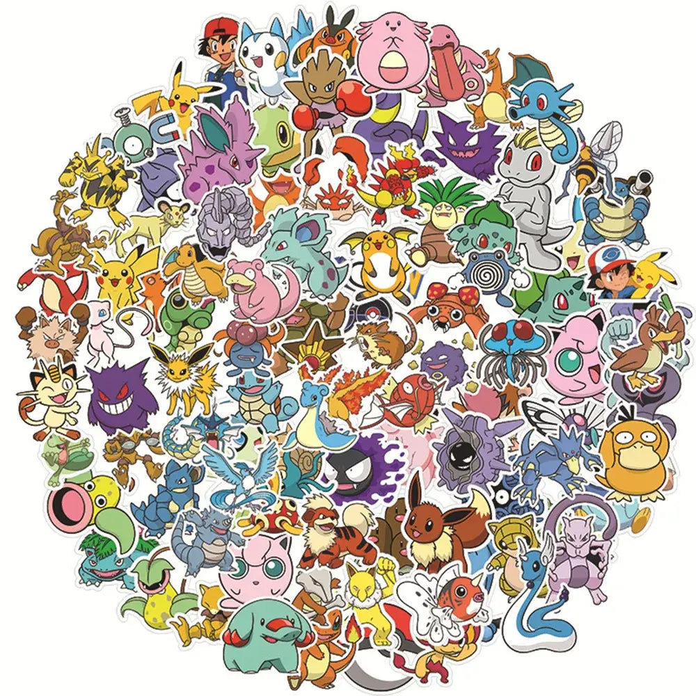 Pokemon pikachu waterproof sticker pack with vibrant colorful cartoon-style laptop and phone decals in various poses