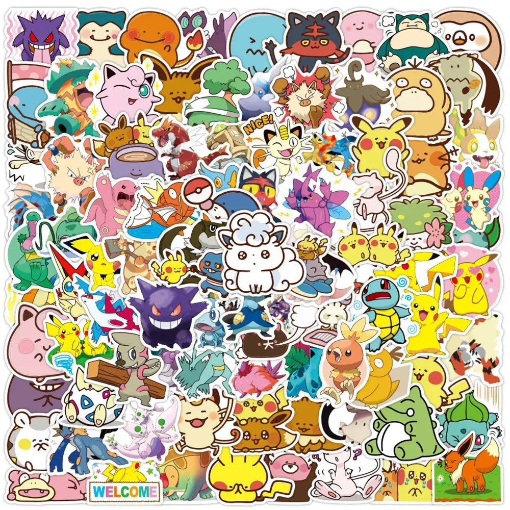 A vibrant pokemon pikachu waterproof sticker pack featuring colorful cartoon characters for laptop and phone decals