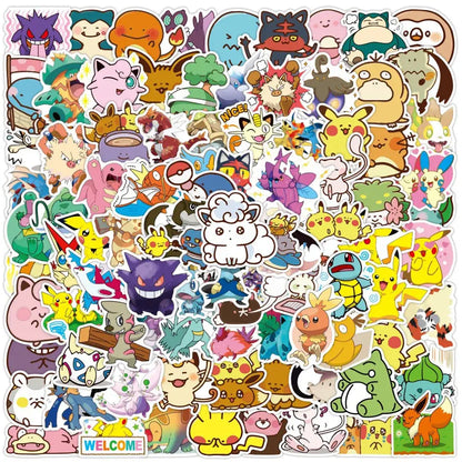 A vibrant pokemon pikachu waterproof sticker pack featuring colorful cartoon characters for laptop and phone decals