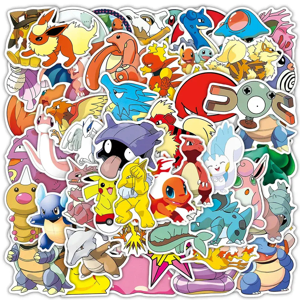 A vibrant collection of colorful Pokémon Pikachu waterproof stickers featuring various characters for laptop and phone decals