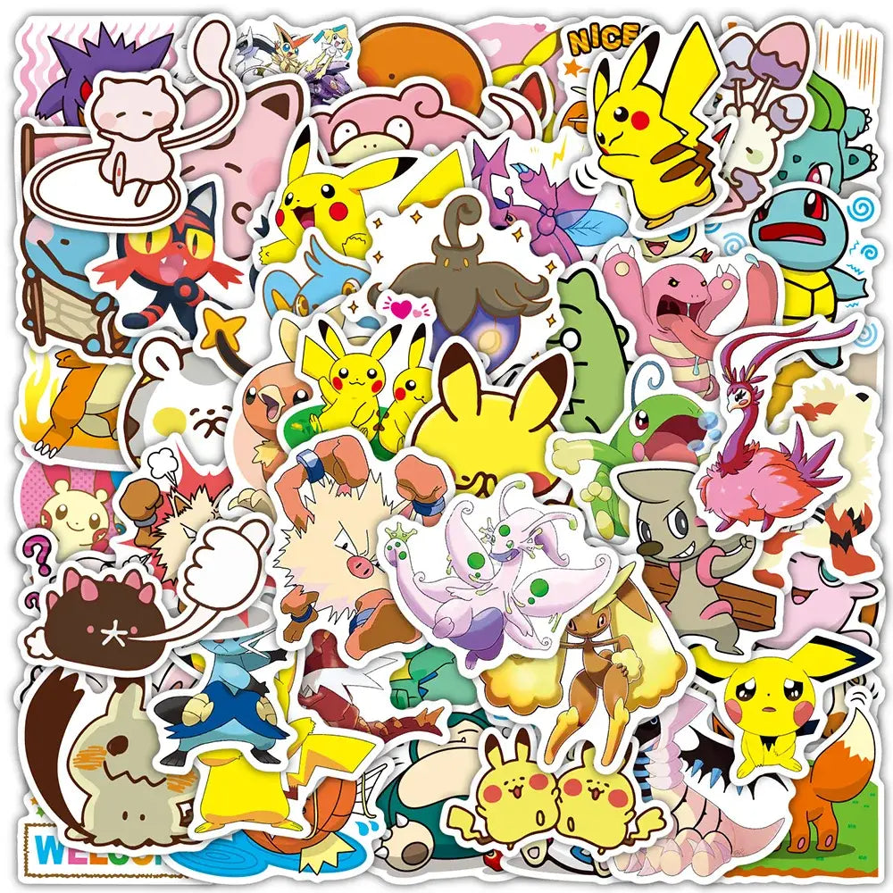 Pokemon pikachu waterproof sticker pack with colorful pikachu squirtle and eevee decals for laptops and phones