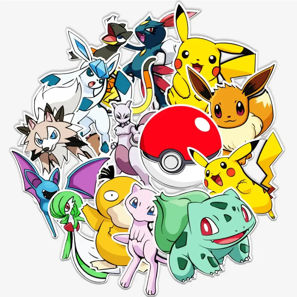 A vibrant pokemon pikachu waterproof sticker pack with colorful pikachu eevee and bulbasaur laptop and phone decals