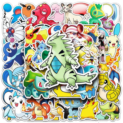 A vibrant collection of colorful pokemon pikachu waterproof stickers with bold outlines for laptop and phone decals