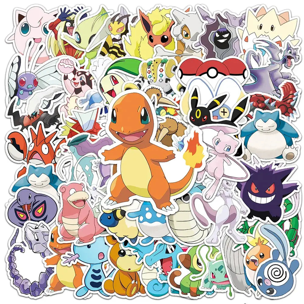 A vibrant pack of colorful pokemon pikachu waterproof stickers for laptops and phone decals in cartoon style