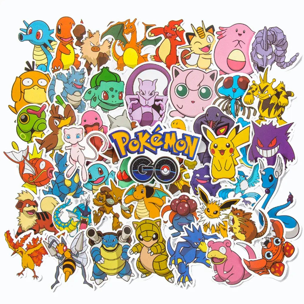 A vibrant pokemon pikachu waterproof sticker pack with colorful cartoon-style laptop and phone decals in yellow pink blue and green