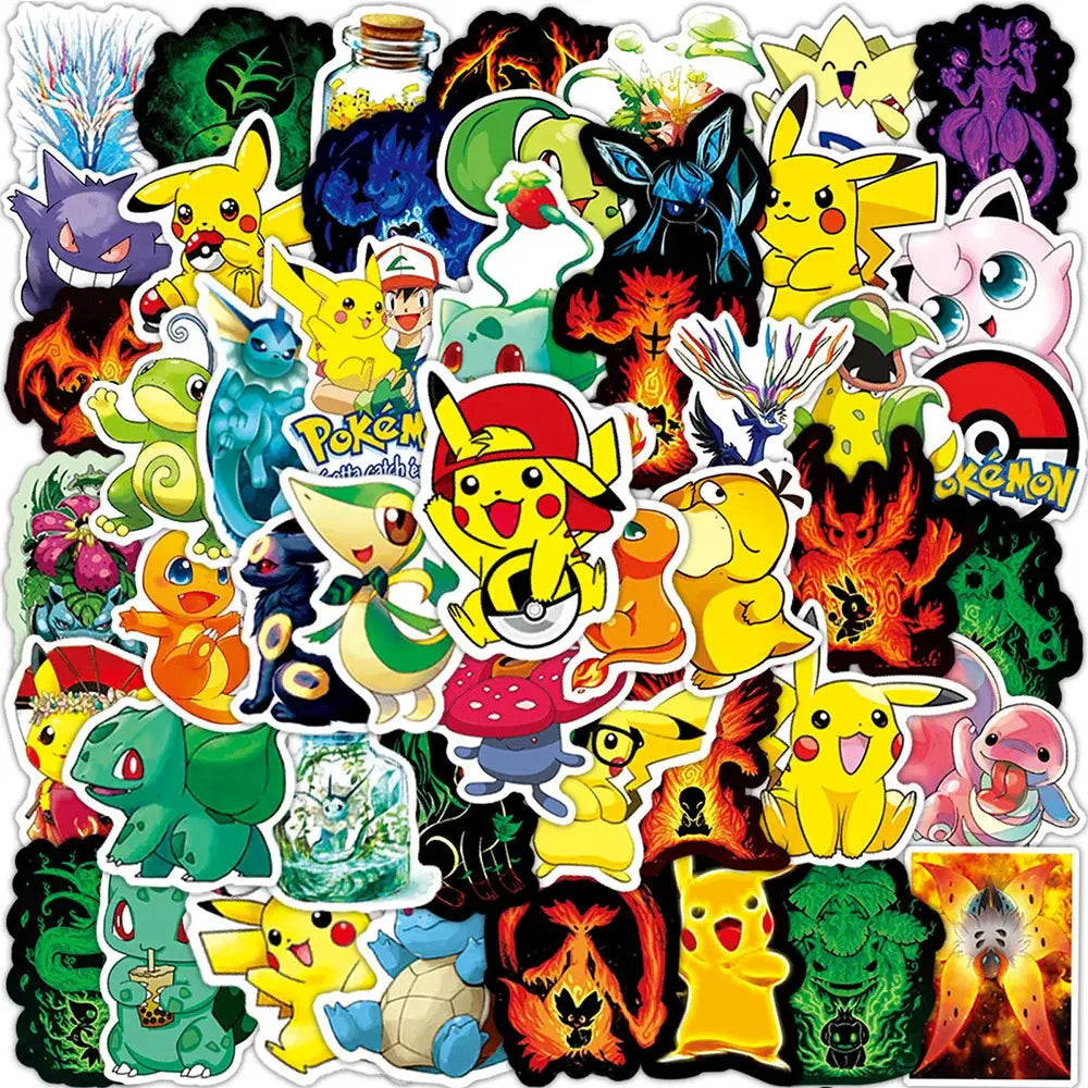 Pokemon pikachu waterproof sticker pack featuring vibrant yellow pikachu green bulbasaur and colorful charizard decals for laptops and phones