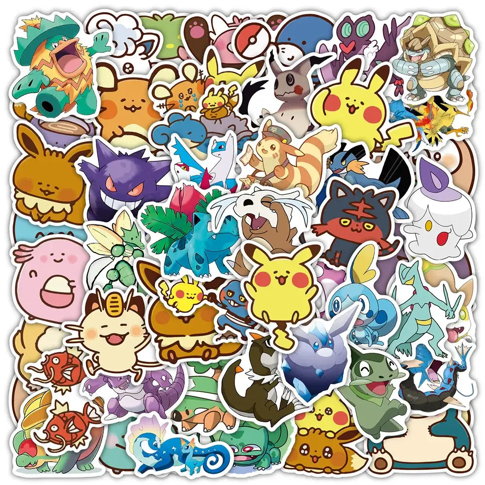 A colorful collection of pokemon pikachu waterproof stickers with vibrant designs for laptops and phone decals
