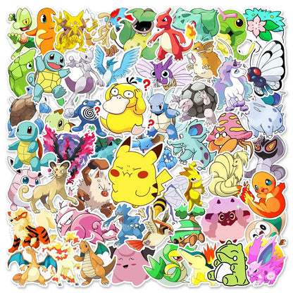 A vibrant collection of colorful pokemon pikachu waterproof stickers featuring iconic characters for laptops and phones