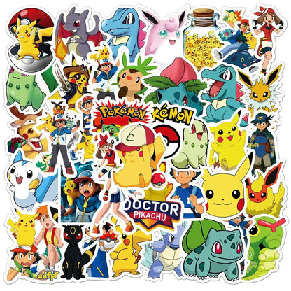 A vibrant waterproof pokemon sticker pack featuring pikachu bulbasaur charizard for laptop and phone decals