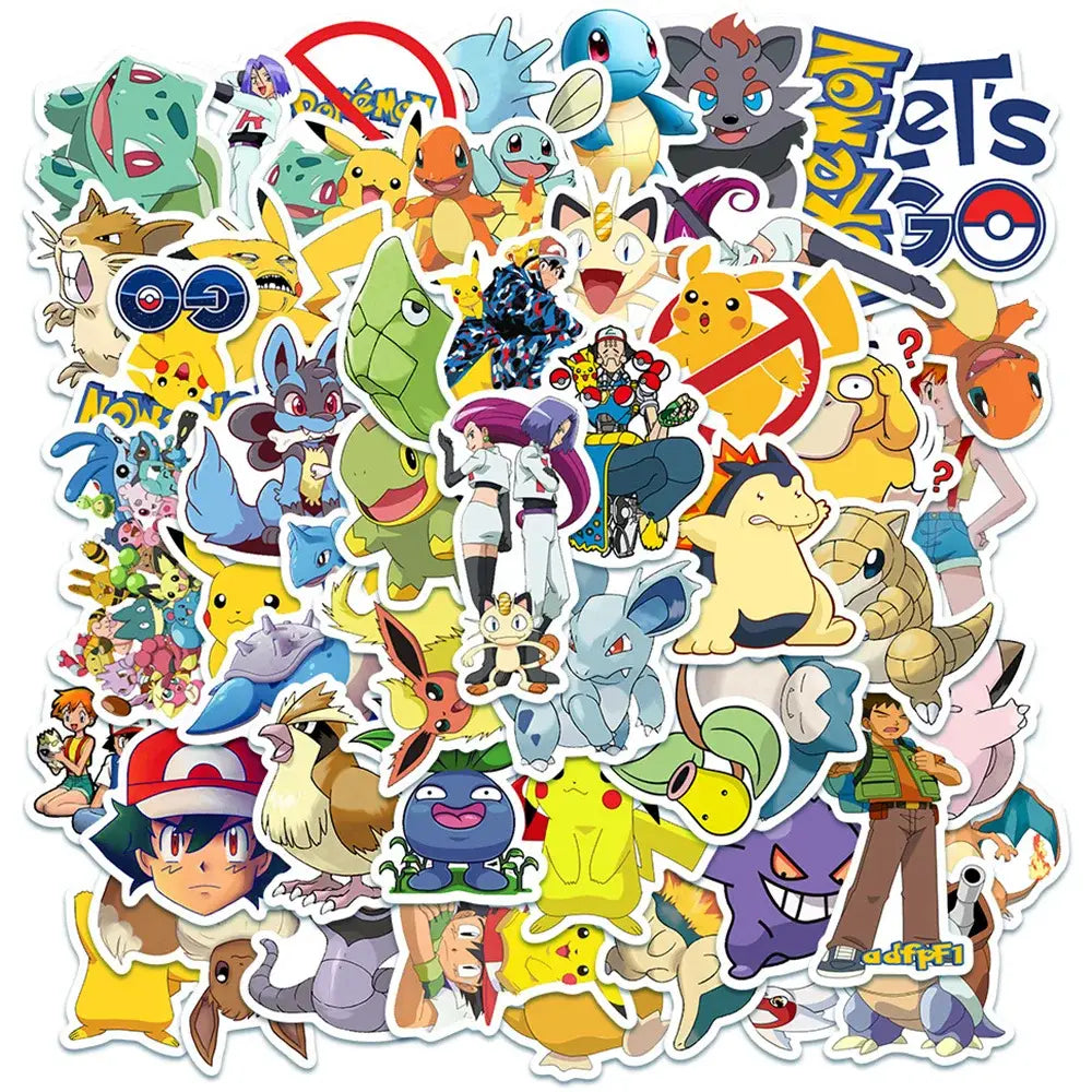 A vibrant collection of colorful Pokémon Pikachu waterproof stickers featuring characters and logos for laptops and phones
