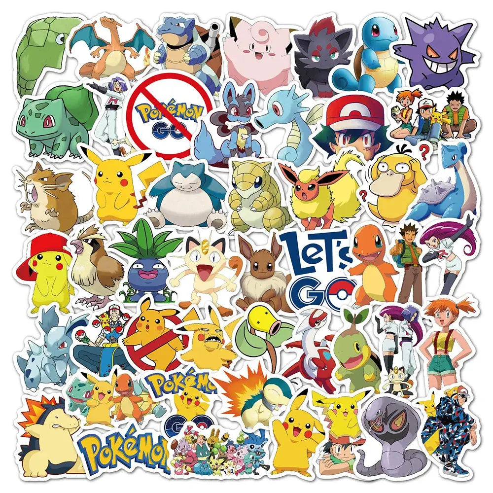 A vibrant pokemon pikachu waterproof sticker pack featuring colorful charizard and squirtle decals for laptops and phones
