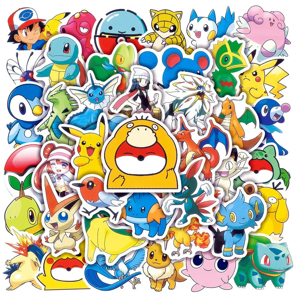 A vibrant collection of colorful waterproof pokemon pikachu stickers featuring cartoonish characters for laptops and phones