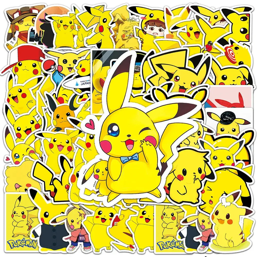 A vibrant yellow pokemon pikachu waterproof sticker with a winking face pink cheeks and blue bow tie for laptops and phones