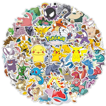 A vibrant pokemon pikachu waterproof sticker pack featuring colorful laptop and phone decals with iconic designs like pikachu and squirtle