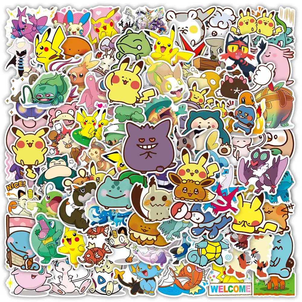 A vibrant collection of colorful pokémon pikachu waterproof stickers featuring various characters for laptop and phone decals