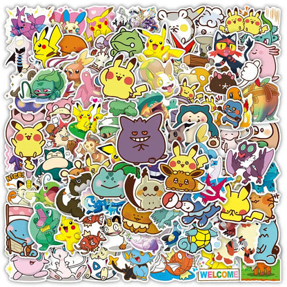 A vibrant collection of colorful pokémon pikachu waterproof stickers featuring various characters for laptop and phone decals
