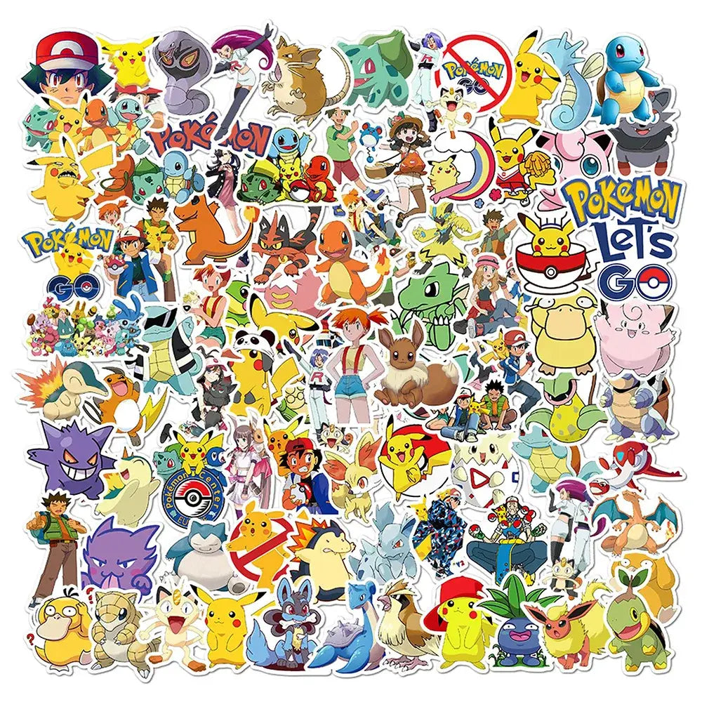 A vibrant collection of colorful Pokémon pikachu waterproof stickers for laptops and phone decals