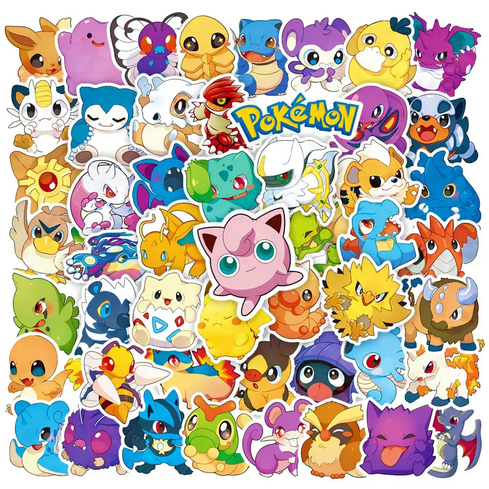 A vibrant collection of colorful Pokémon Pikachu waterproof stickers for laptop and phone decals