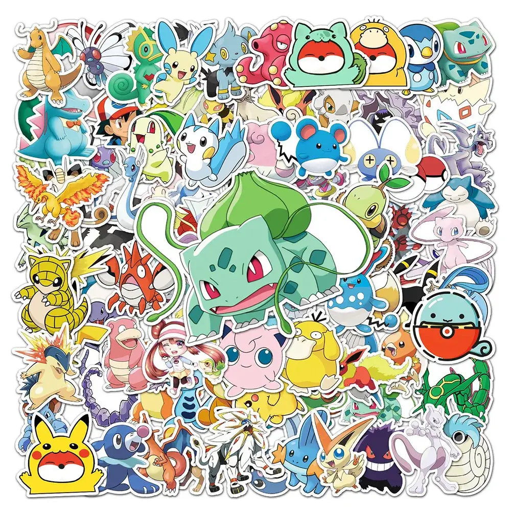 A vibrant collection of colorful waterproof Pokémon Pikachu stickers on adhesive backing for laptops and phones